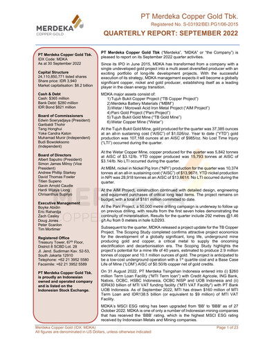 Thumbnail Merdeka Copper Gold
 Quarterly Report 2022-q3
