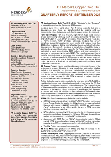 Thumbnail Merdeka Copper Gold
 Quarterly Report 2023-q3