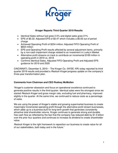 Thumbnail Kroger Quarterly Report 2019-q3