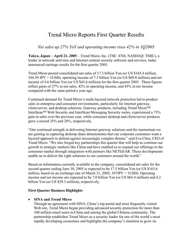 Thumbnail Trend Micro
 Quarterly Report 2005-q1