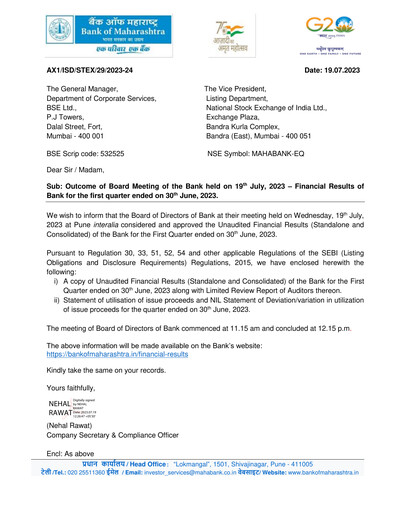 Thumbnail Bank of Maharashtra
 Quarterly Report 2023-q1