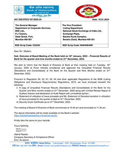 Thumbnail Bank of Maharashtra
 Quarterly Report 2023-q3