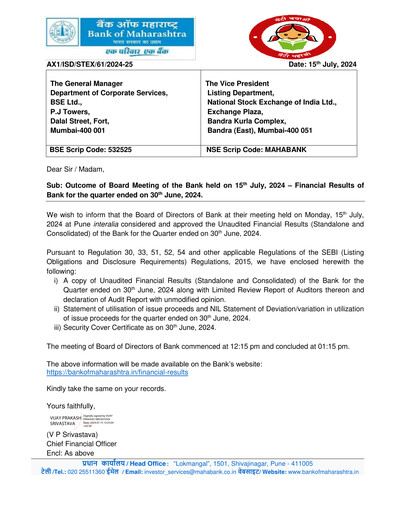 Thumbnail Bank of Maharashtra
 Quarterly Report 2024-q1