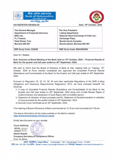 Thumbnail Bank of Maharashtra
 Quarterly Report 2024-q2