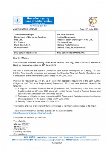 Thumbnail Bank of Maharashtra
 Quarterly Report 2025-q1