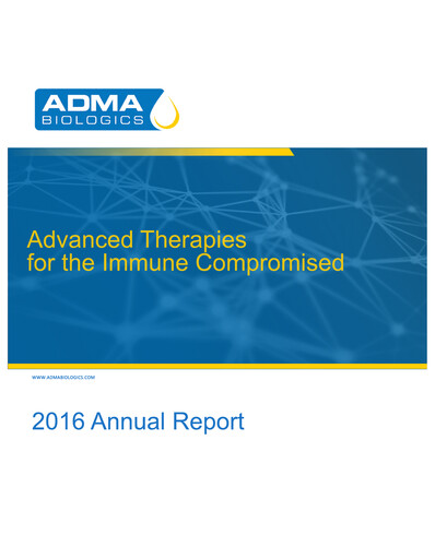 Thumbnail ADMA Biologics
 Annual Report 2016
