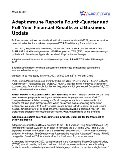 Miniature Adaptimmune Therapeutics Rapport financier 2022