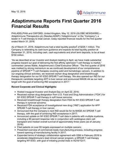 Thumbnail Adaptimmune Therapeutics Quarterly Report 2016-q1