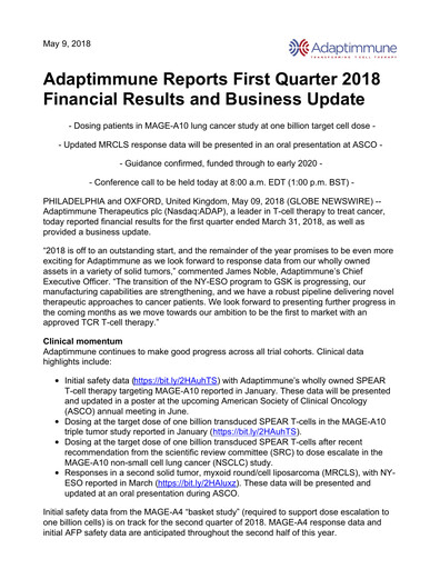 Thumbnail Adaptimmune Therapeutics Quarterly Report 2018-q1