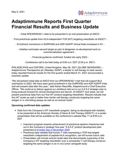 Thumbnail Adaptimmune Therapeutics Quarterly Report 2021-q1