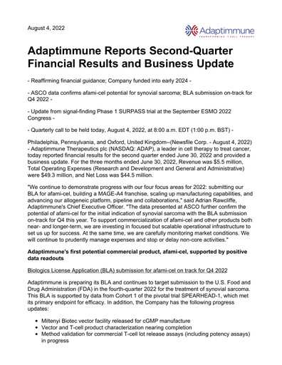 Thumbnail Adaptimmune Therapeutics Quarterly Report 2022-q2