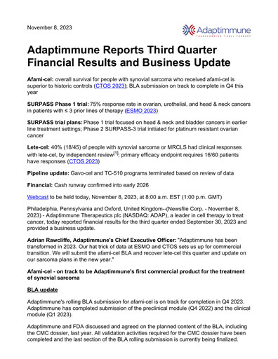 Thumbnail Adaptimmune Therapeutics Quarterly Report 2023-q3