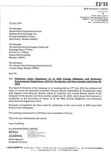 Thumbnail IFB Industries Quarterly Report 2025-q1