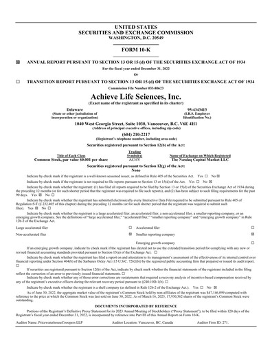 Thumbnail Achieve Life Sciences
 Annual Report 2022