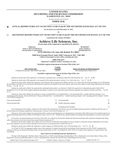 Thumbnail Achieve Life Sciences
 Annual Report 2023