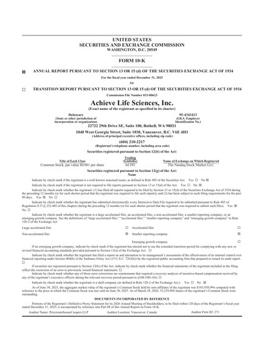 Thumbnail Achieve Life Sciences
 Annual Report 2025