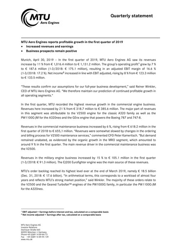 Miniature MTU Aero Engines
 Rapport trimestriel 2019-q1