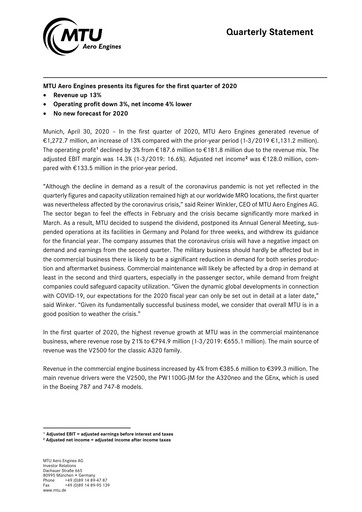 Miniature MTU Aero Engines
 Rapport trimestriel 2020-q1