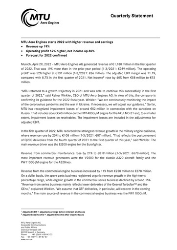 Miniature MTU Aero Engines
 Rapport trimestriel 2022-q1