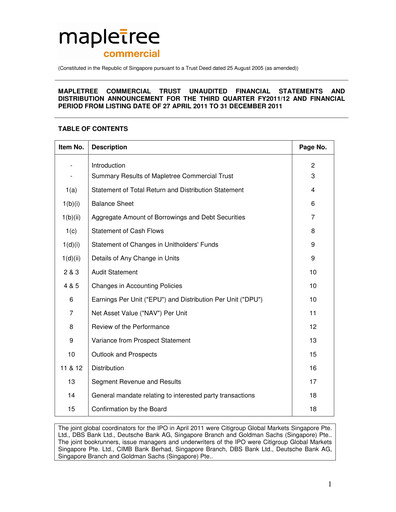 Miniature Mapletree Commercial Trust
 Rapport trimestriel 2011-q3
