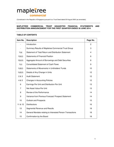 Miniature Mapletree Commercial Trust
 Rapport trimestriel 2014-q1