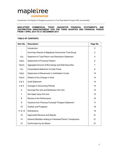 Miniature Mapletree Commercial Trust
 Rapport trimestriel 2014-q3
