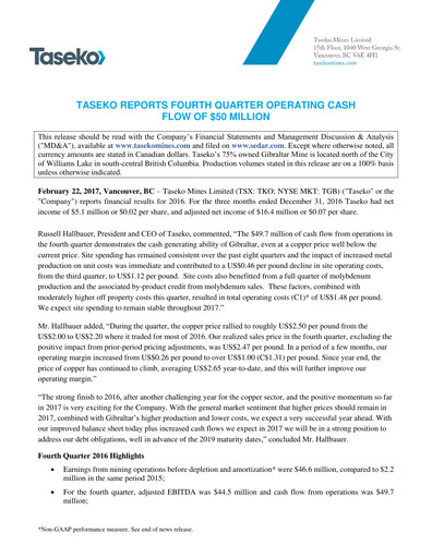 Thumbnail Taseko Mines
 Financial Statement 2016