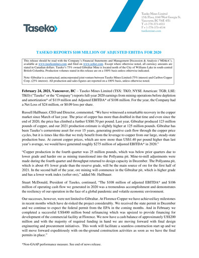 Thumbnail Taseko Mines
 Financial Statement 2020