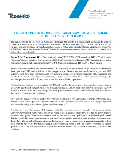 Thumbnail Taseko Mines
 Quarterly Report 2017-q2