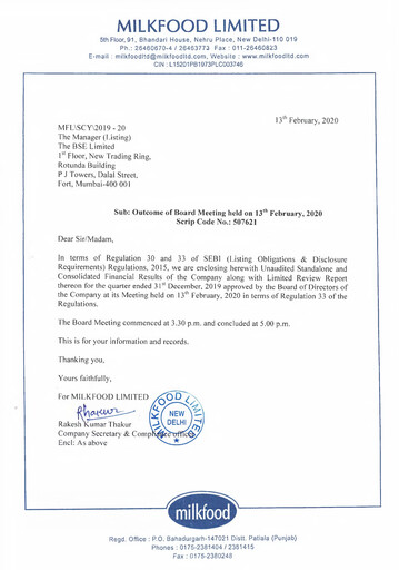 Thumbnail Milkfood Limited Quarterly Report 2019-q4