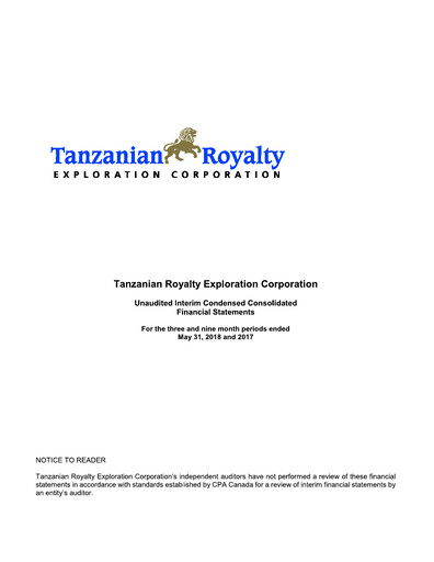 Thumbnail Tanzanian Gold Corporation Quarterly Report 2018-q3
