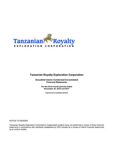 Thumbnail Tanzanian Gold Corporation Quarterly Report 2019-q1