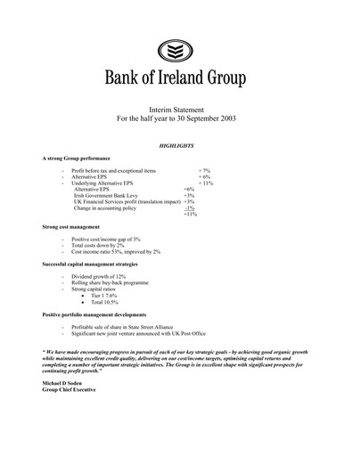 Thumbnail Bank of Ireland Group Half-year Report 2003-h1