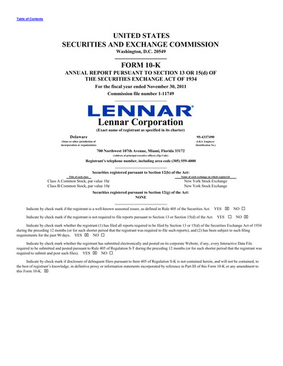 Thumbnail Lennar Annual Report 2011