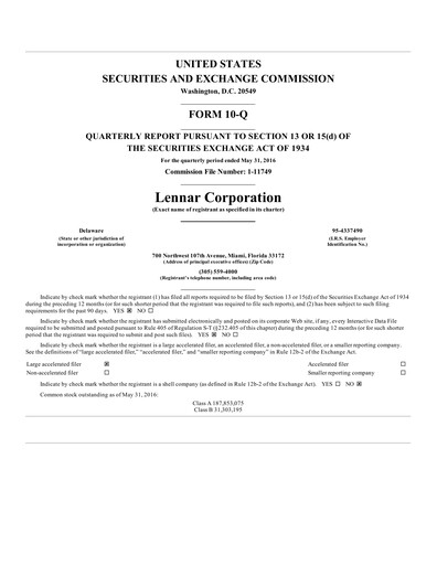 Thumbnail Lennar Quarterly Report 2016-q2