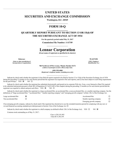 Thumbnail Lennar Quarterly Report 2017-q2