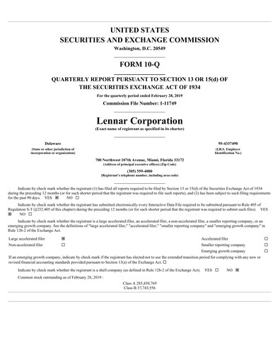 Thumbnail Lennar Quarterly Report 2019-q1