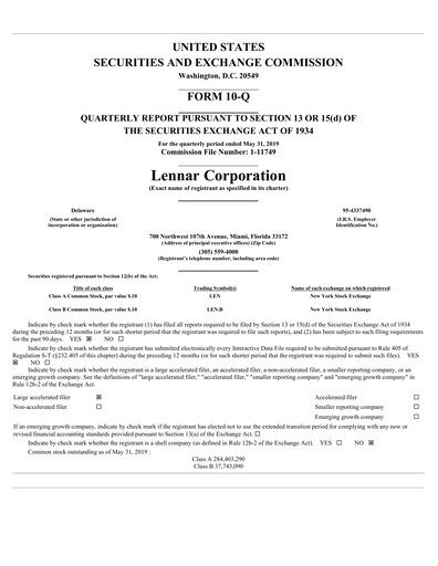 Thumbnail Lennar Quarterly Report 2019-q2