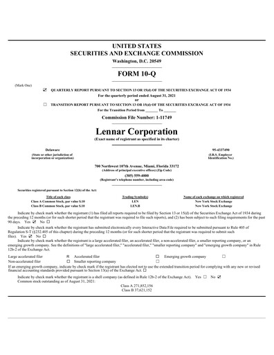 Thumbnail Lennar Quarterly Report 2021-q3