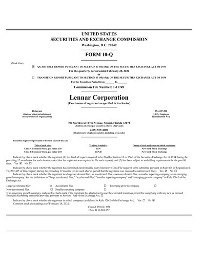 Thumbnail Lennar Quarterly Report 2022-q1