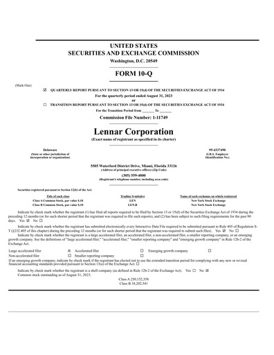 Thumbnail Lennar Quarterly Report 2023-q3