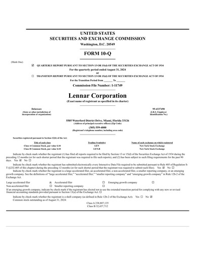 Thumbnail Lennar Quarterly Report 2024-q3