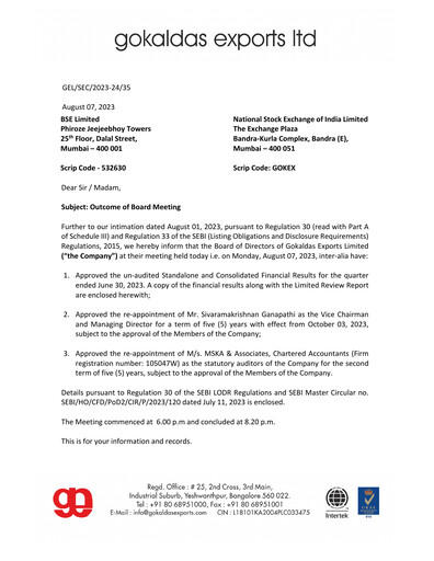 Vorschaubild Gokaldas Exports Quartalsbericht 2023-q1