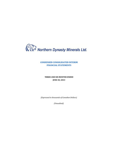 Thumbnail Northern Dynasty Minerals Quarterly Report 2013-q2