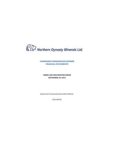 Thumbnail Northern Dynasty Minerals Quarterly Report 2015-q3