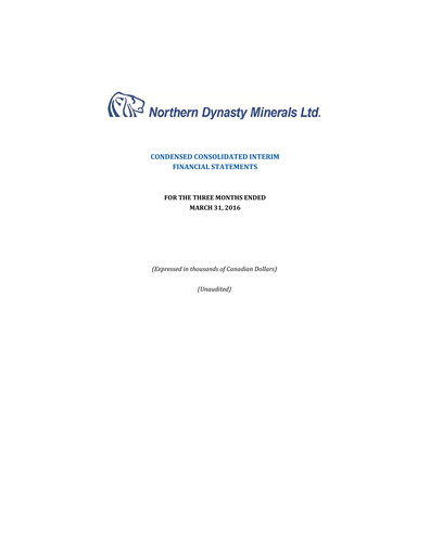 Thumbnail Northern Dynasty Minerals Quarterly Report 2016-q1