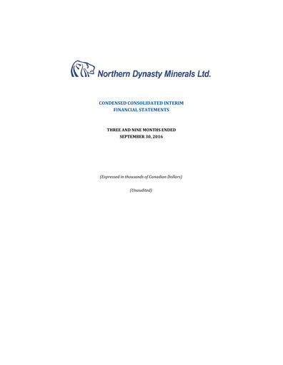 Thumbnail Northern Dynasty Minerals Quarterly Report 2016-q3