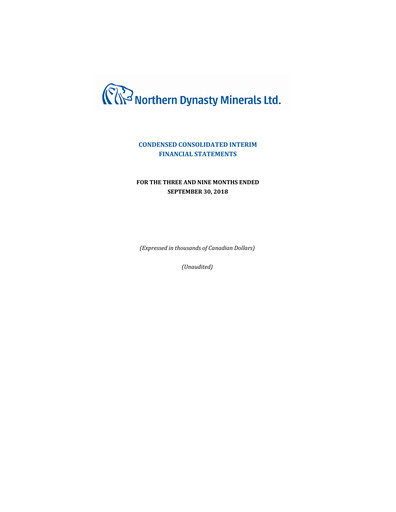 Thumbnail Northern Dynasty Minerals Quarterly Report 2018-q3