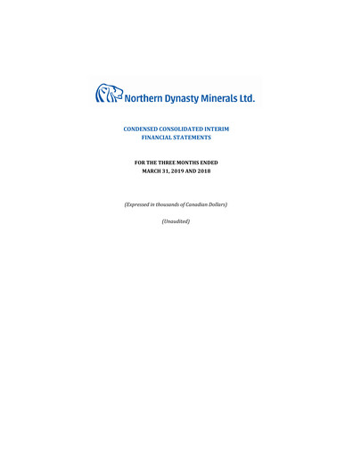 Thumbnail Northern Dynasty Minerals Quarterly Report 2019-q1