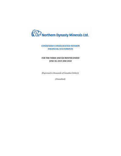 Thumbnail Northern Dynasty Minerals Quarterly Report 2019-q2